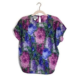 Vtg. Caribou Top Sz L/XL Floral Pleated Semi-Sheer 80s/90s Cottagecore READ